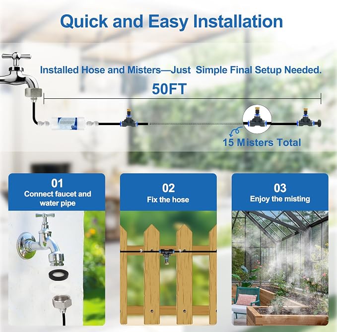 Pre-Assembled Misters for Outside Patio, Outdoor Misting Cooling System w Filter - Image 4