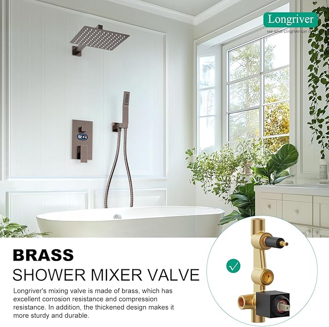 Longriver Shower Faucet Set with Hydro Power Temperature Display, Shower 12 Inch Shower Head with Handheld Spray, Wall Mounted Shower Fixtures with Shower Valve and Trim Kit, Oil Rubbed Bronze