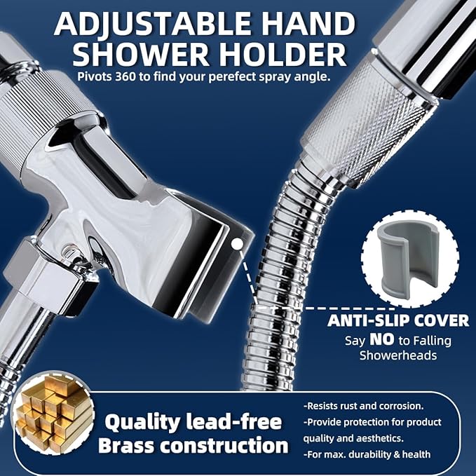Shower Head Holder All Metal Adjustable Handheld Shower Arm Mount, 1/2" Shower Hose Holder Fits Most Hand Showerheads, Brass Hand Held Shower Head Holder, Easy to Install(Chrome)