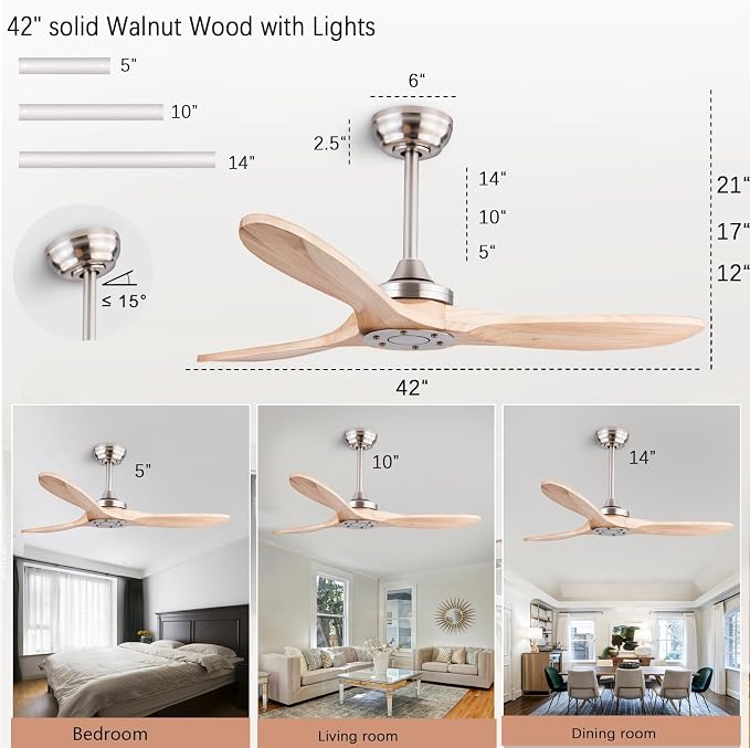 QUTWOB 42" Wood Ceiling Fan No Lights - Image 2