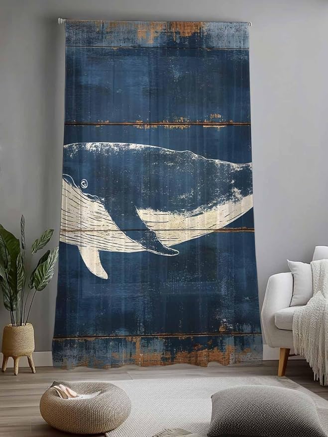 Sheer Curtains 84 Inches Long, Summer Whale Blue Semi Sheer Curtains Light - Image 2