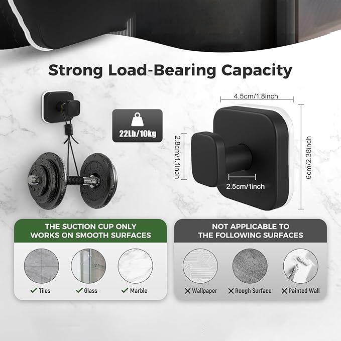 4Pcs Square Suction Cup Hook, 304 Stainless Steel Shower Hook, Removable Suction Cup Knob for Shower, Bathroom, Kitchen, Glass Door, Mirror (Black)