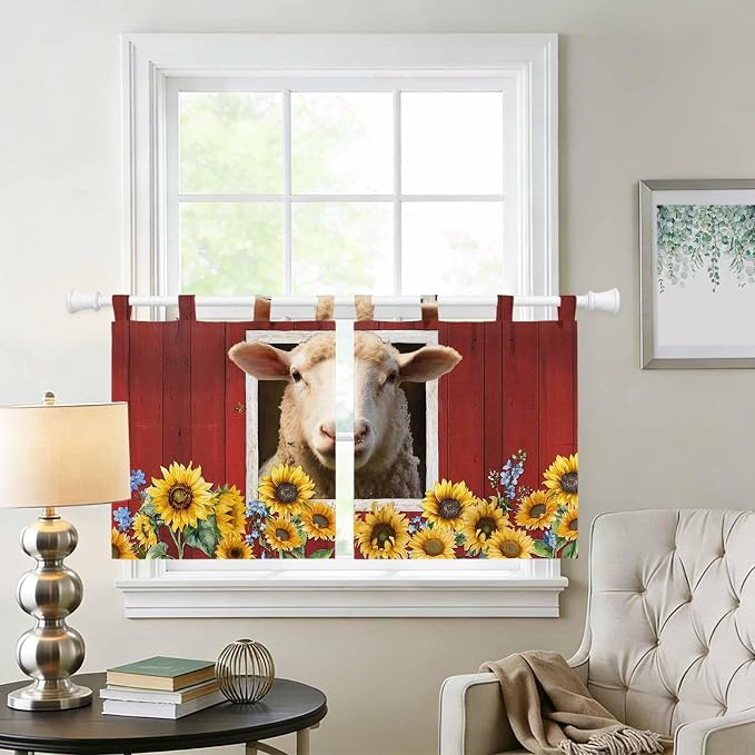 Sheep Sunflower Kitchen Curtains 24 Inch Length, Small Window Curtains Tab Top - Image 2