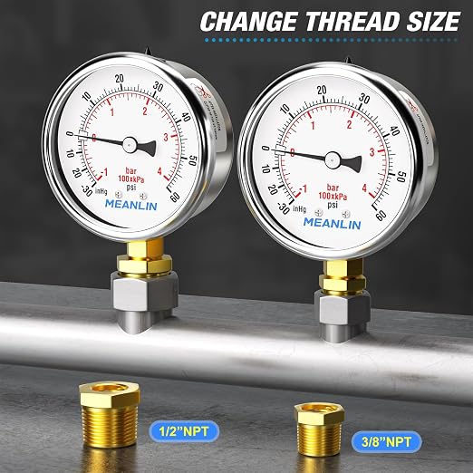 MEANLIN MEASURE -30inHG~60Psi Vacuum Gauge Stainless Steel 1/4" NPT 2" FACE - Image 3