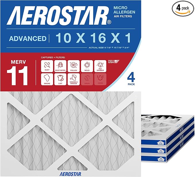 Aerostar 10x16x1 MERV 11 High Efficiency Pleated Air Filter, Electrostatic AC by AirFiltersDelivered