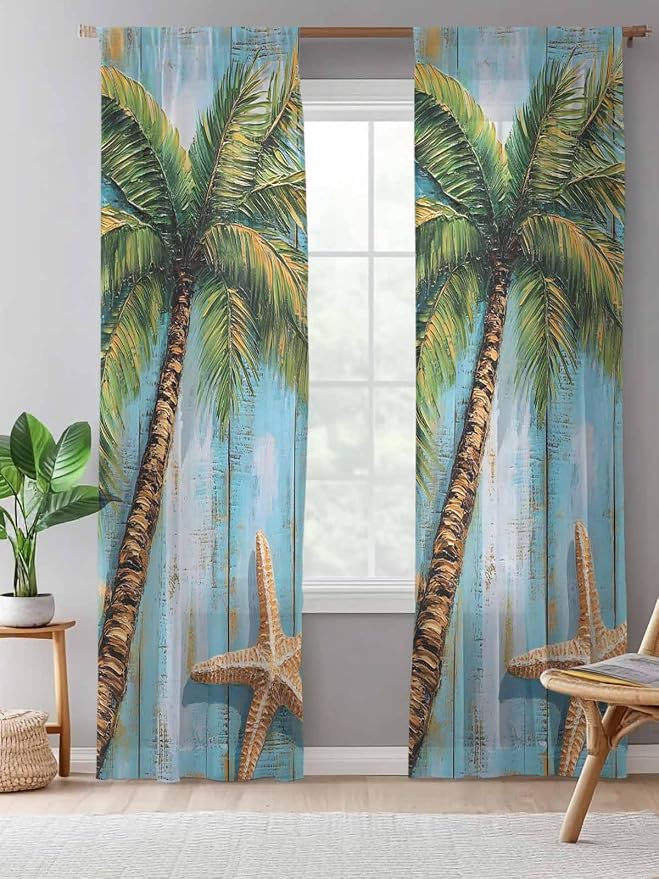 Sheer Curtains 108 Inches Long, Coastal Beach Tree Semi Sheer Curtains Light - Image 5