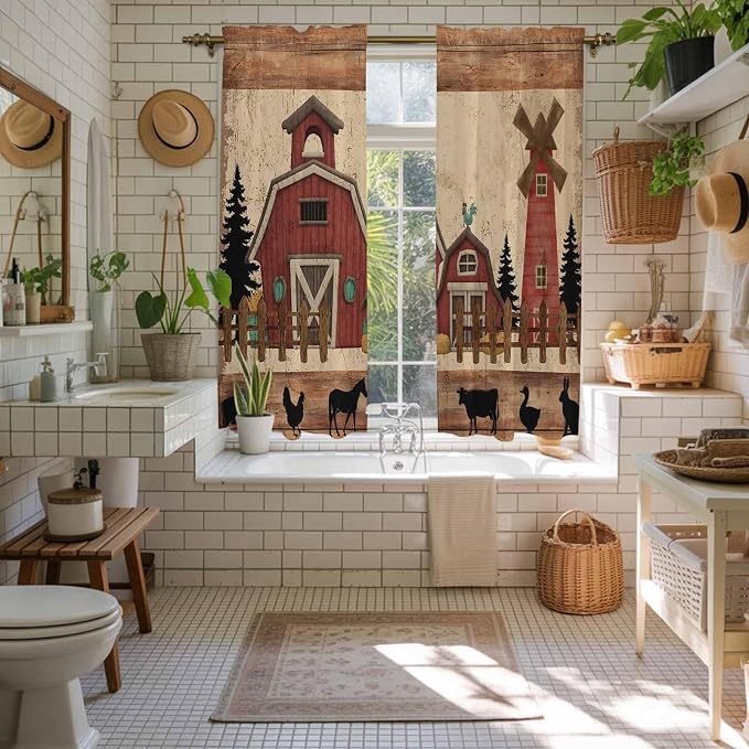 Brown Farmhouse Kitchen Curtains, Vintage Country Animals Wooden Grain Light - Image 5
