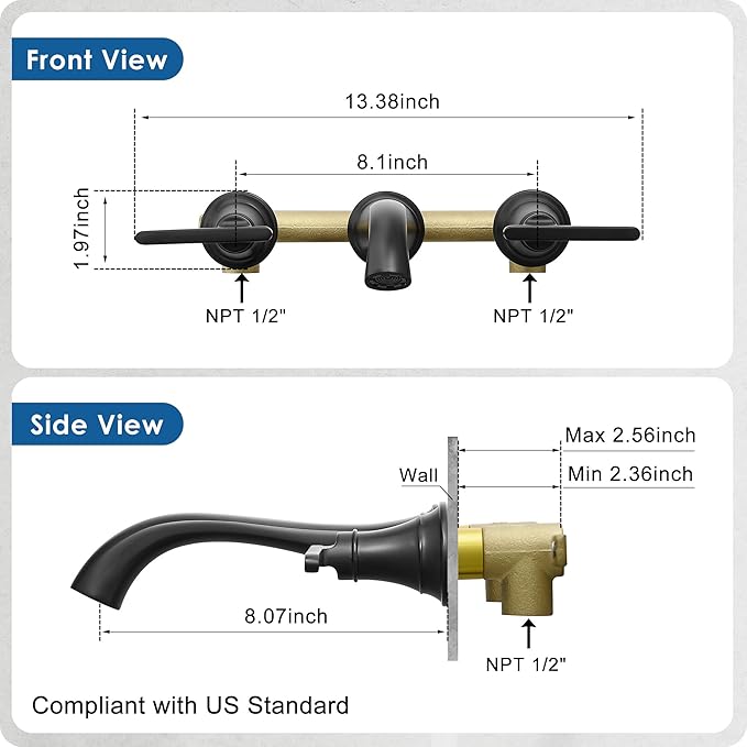 Brass Tub Filler Wall Mount 3 Hole, Farmhouse Black Tub Faucet, High Pressure 2 Handle Matte Black Bathtub Faucet Set with Long Spout Reach, Rough-in Valve