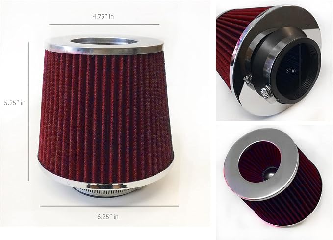 Red Cold Air Intake Cone Replacement Performance Washable Clamp-on Dry Filter - Image 2