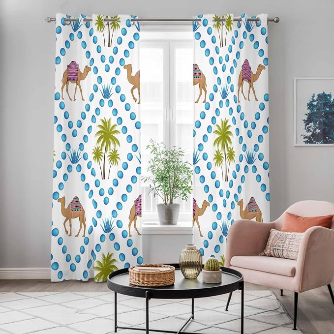 2 Panel Kitchen Cafe Curtains, Camels Palm Trees Sunlight Filtering Nature Air - Image 5