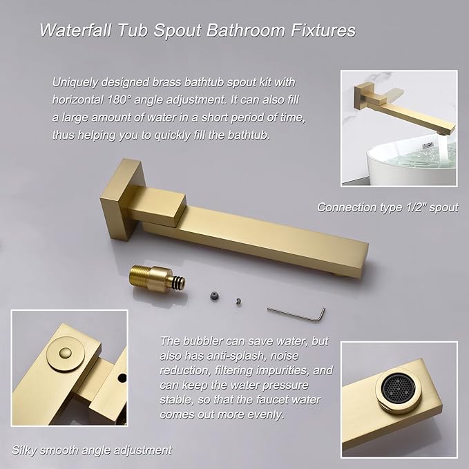 Shower Set Brushed Gold Thermostatic Shower System with Tub Spout, with 12 inch Ceiling Mount Shower Head and 6 PCS Body Jet, Handheld Spray