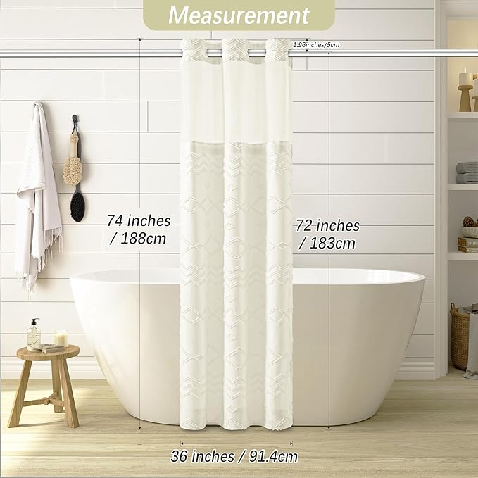 No Hooks Stall Shower Curtain with Snap in Liner- Water Repellent Tufted Chevron Striped Shower Curtains for Bath Tubs, Narrow Hotel Quality Bath Curtain Set, 36Wx74H, Beige