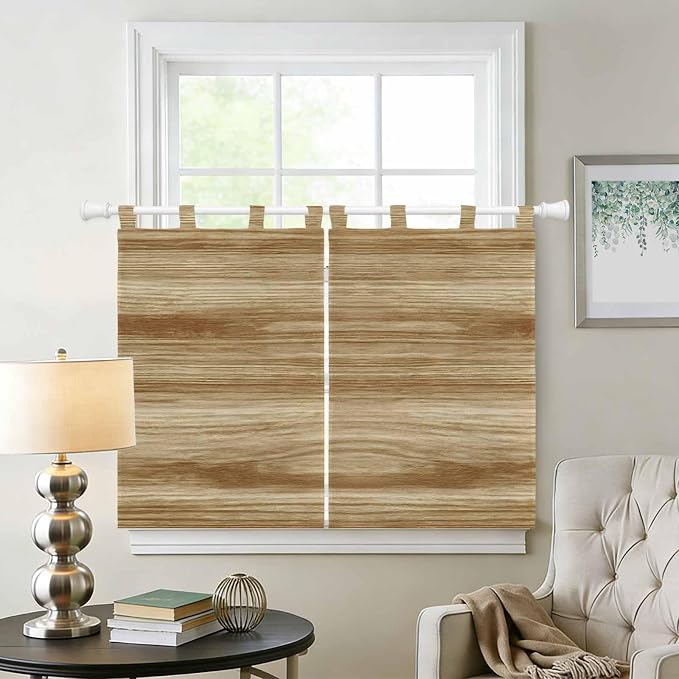 Light Brown Wood Grain Bedroom Curtains 63 Inch Length, Window Curtains Tab Top - Image 2