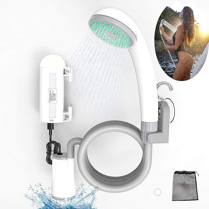 Portable Outdoor Shower Pump Camping Shower Pump Rechargeable LED IPX8 Waterproof for Indoor Outdoor Camping Hiking Motorbikes Travel Shower Car Pet Cleaning