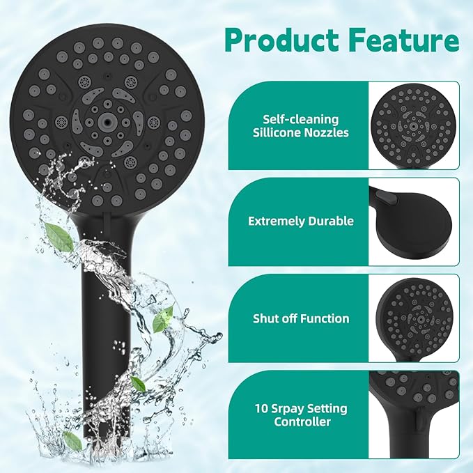 Hibbent High Pressure cUPC Certified 10-mode Shower Head, Handheld Showerhead with Adjustable Brass Joint Holder, 71" Metal Hose, Anti-clog Nozzles, Built-in Power Wash to Clean Tub & Pets, Black