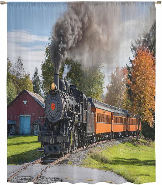 Steam Train Sheer Curtains 84 Inch Length Railroad Country Barn Rustic Trees - Image 6