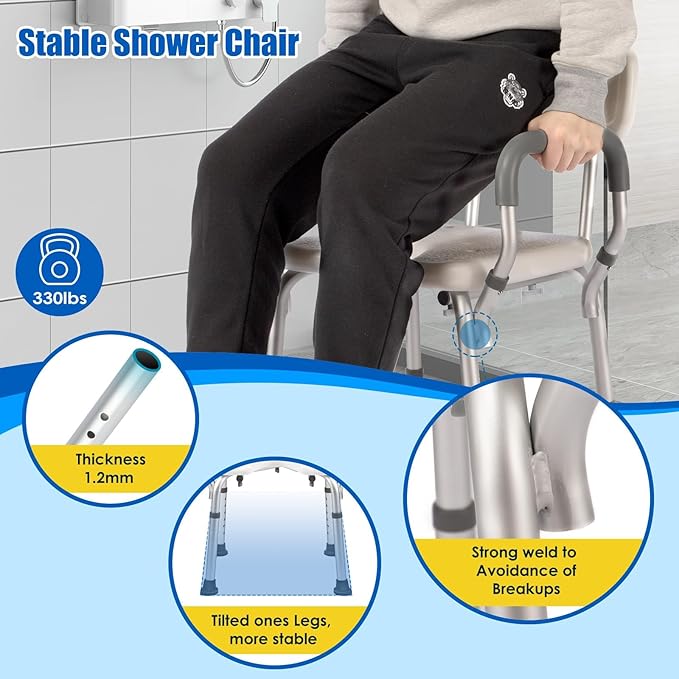 Shower Chair with Arms and Back Heavy Duty 330lbs, Shower Seat for Inside Shower with Shower Head Holder, Shower Bathroom Chair with Cutout Seat & Cold-Proof Pads, Tools-Free Assembly
