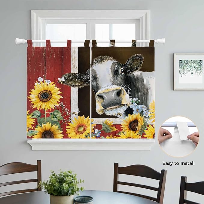 Cows Sunflowers Kitchen Curtains 45 Inch Length, Short Cafe Window Curtains Tab - Image 4