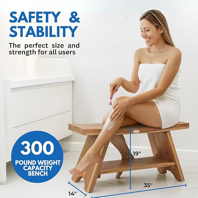EcoDecors 35 Inch Serenity Teak Shower Bench – Waterproof Bathroom Seat with Large Storage Shelf For Adults & Seniors | Spa-Style Teak Wood Stool with Non-Slip Feet, Elegant Finish, 300 Pound Capacity