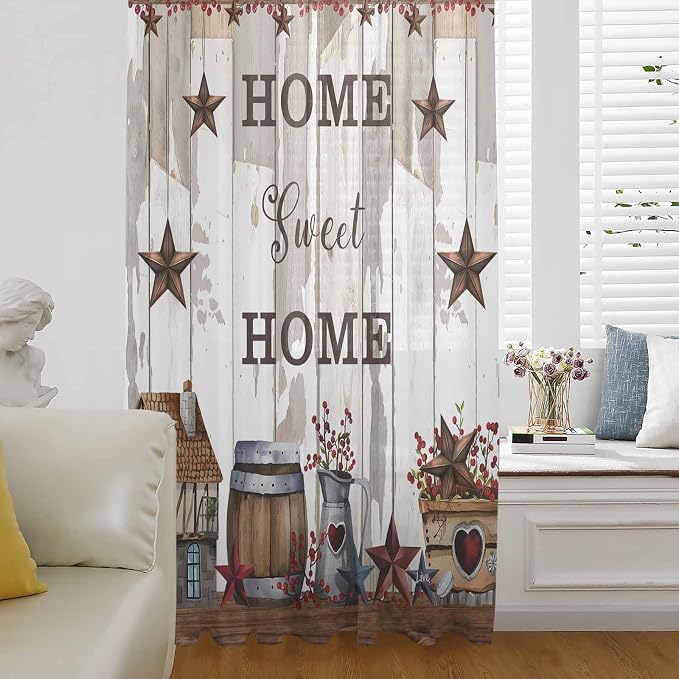 Farmhouse Sheer Curtains 96 Inch Length Retro Country Star Berry Vintage Wood by Unknown