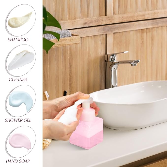 Domensi 12 Pcs Foam Pump Bottle Foaming Soap Dispenser Empty Travel Foaming Dispenser 8.5 oz Refillable Hand Soap Plastic Pump Bottle Travel Clear Container for Bathroom Vanities (Pink)