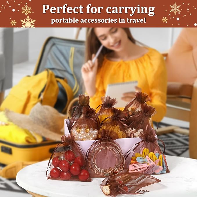 Hopttreely 100PCS Sheer Organza Bags, 4x4.72 Brown Satin Drawstring Organza Jewelry Pouch Wedding Party Favor Gift Bag