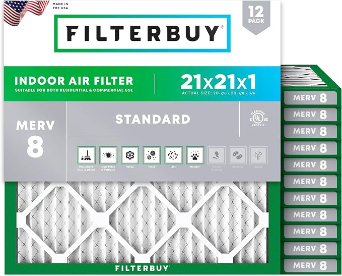 Filterbuy 21x21x1 Air Filter MERV 8 Essential Dust & Allergy Defense, by Filterbuy