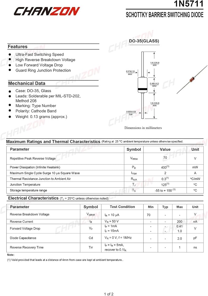 Chanzon 50 Pcs 1N5711 Schottky Barrier Rectifier Diodes 15mA 70V DO-35 Axial - Image 2