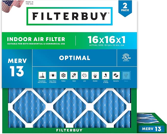 Filterbuy 16x16x1 Air Filter MERV 13 Optimal Smoke & Allergy Defense, by Filterbuy