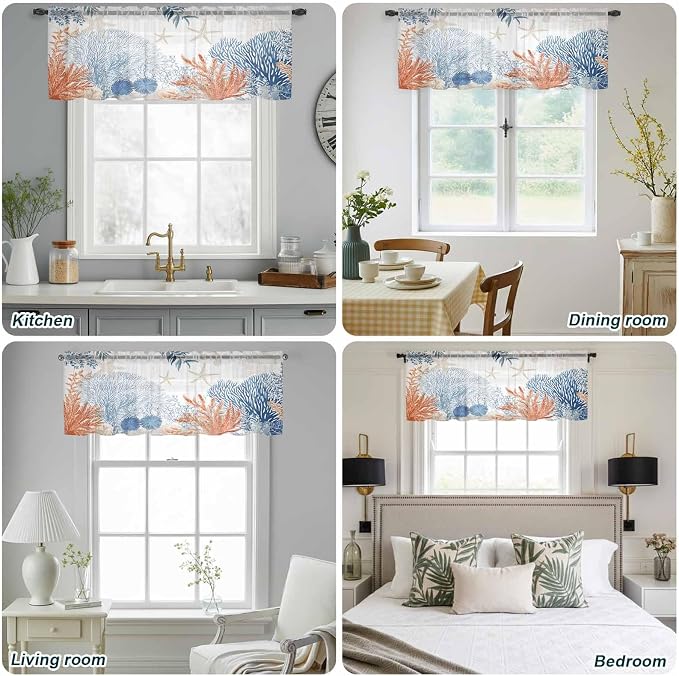 Ocean Corals Sheer Valance Curtains, Summer Beach Coral Sea Stars Light - Image 9
