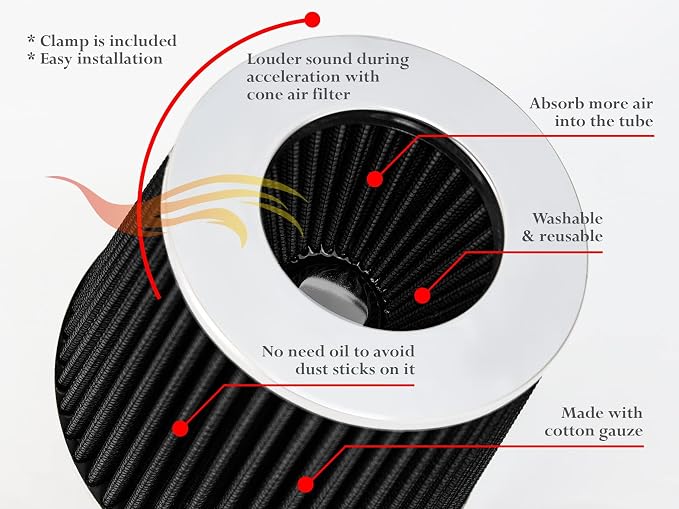 BLACK 4" 102 mm Inlet Truck Air Cone Replacement Performance Washable Clamp-On - Image 6