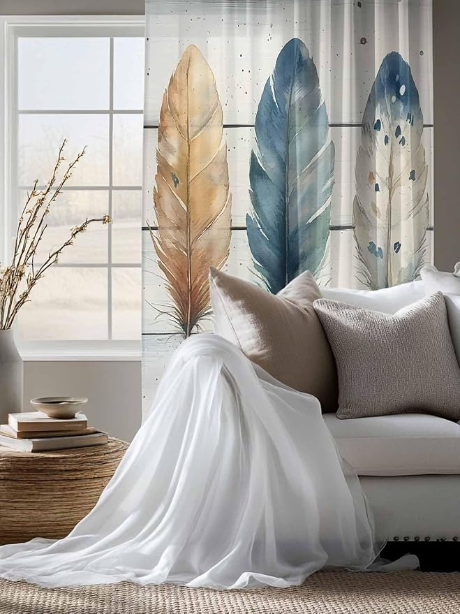 Sheer Curtains 63 Inch Length, Boho Blue Feathers Semi Sheer Curtains Light - Image 4