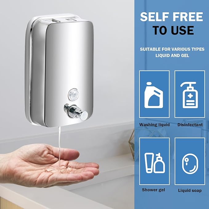 2 Pack 1000ml Hand Soap Dispenser, Commercial Soap Dispenser Wall Mounted, Stainless Steel Refillable Soap Liquid Dispenser for Bathrooms, Toilets, Hotels, Restaurants (Silver)