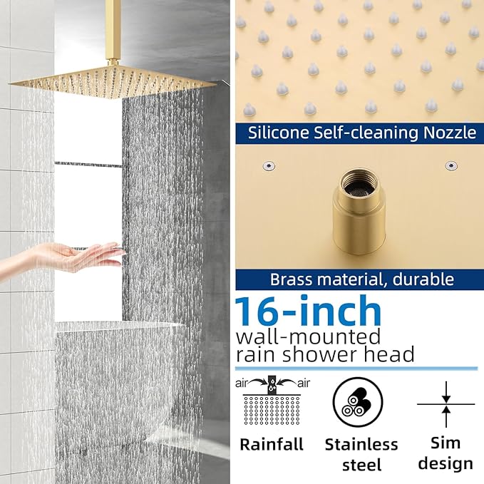 Ceiling Mount Rain Shower System, Shower Faucet Set with 16 Inch High Pressure Overhead Rain Shower Head and Handheld Sprayer, Dual Way Pressure Balance Shower Valve, Brushed Gold