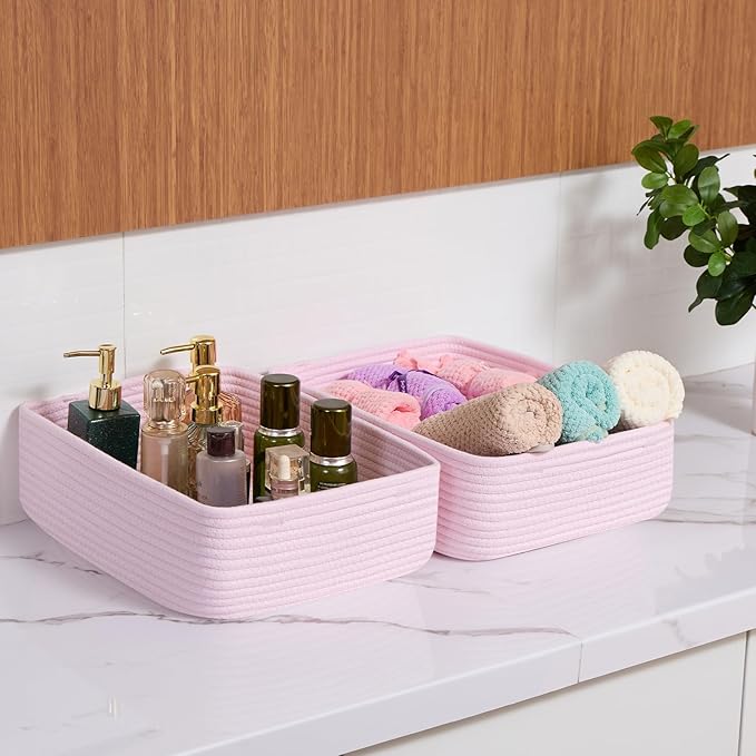 Large Shallow Organizing Baskets 15x11x5.1 Inches - Rope Woven Storage Bins for Bathroom, Shelves, Cube Closet, Light Pink 3 Packs