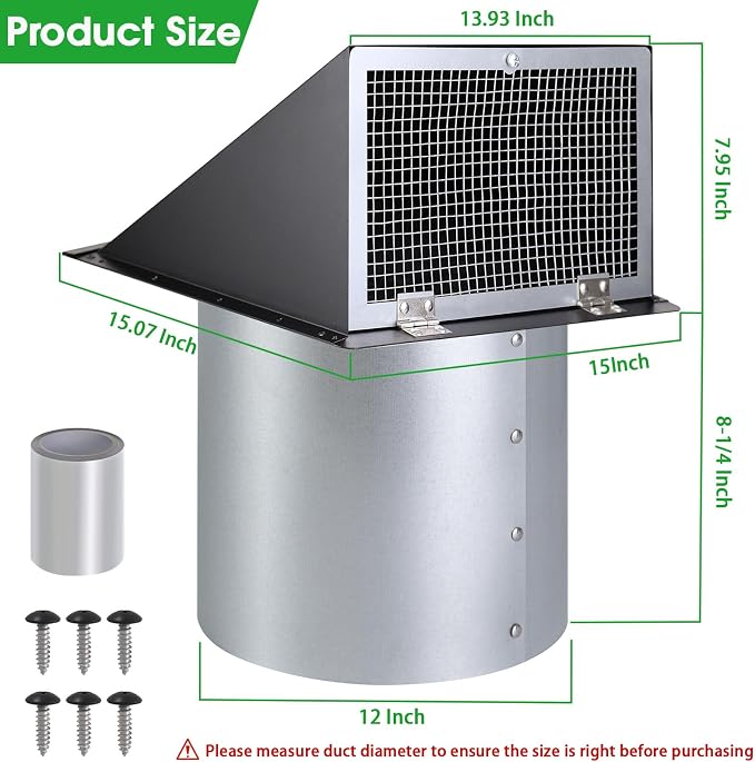 12 Inch Wall Vent Hood Exhaust Vent Cap Dryer Vent Cover, Exterior Hooded Wall - Image 2