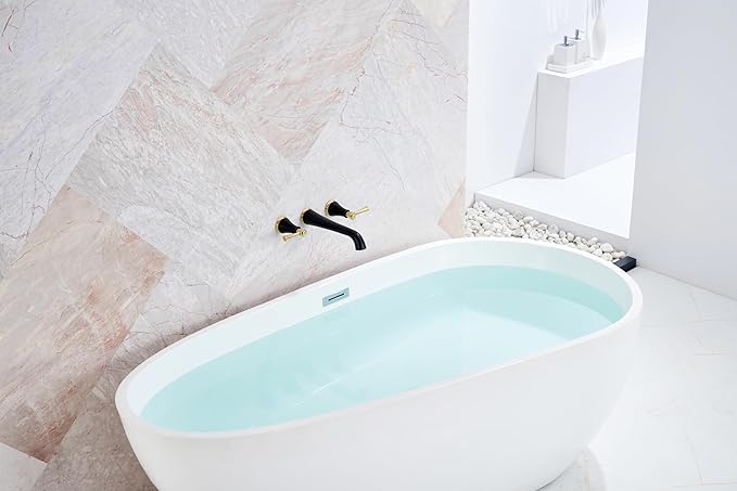 SITGES Polished Gold and Black Wall Mount Bathtub Faucet with Two Level Handles,10.5" Spout Reach Solid Brass High Flow Wall Tub Filler,Rough-in Valve Included