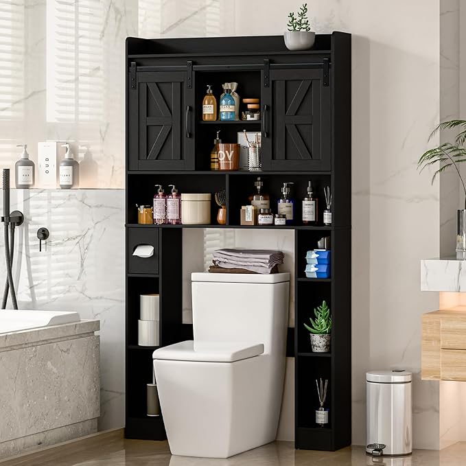 Farmhouse Storage Cabinet Over Toilet with Sliding Doors，Over The Toilet Storage Cabinet, Home Space-Saving Toilet Rack, for Bathroom, Restroom, Laundry.Pure Black