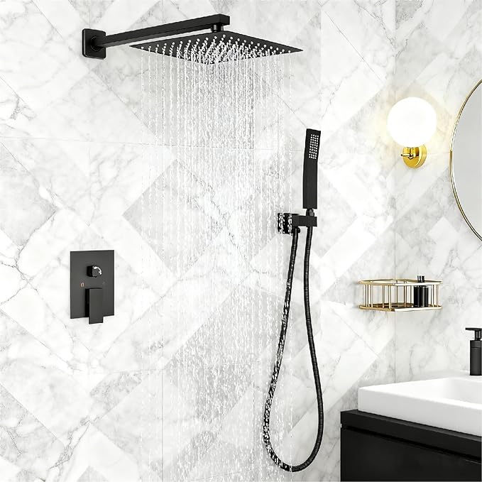 Matte Black Square Shower Head with Handheld Set, Rainfall Shower System Modern Wall Mounted Shower Faucet for Bathroom 12 inch (With Shower Valve)