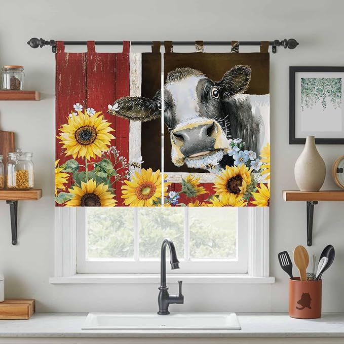 Cows Sunflowers Kitchen Curtains 45 Inch Length, Short Cafe Window Curtains Tab - Image 3