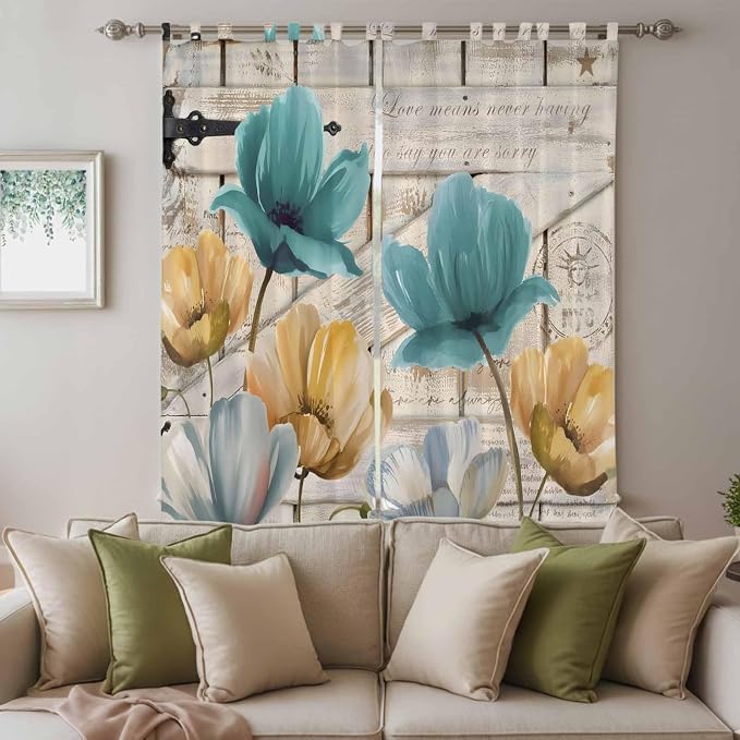 Watercolor Flowers Living Room Curtains 84 Inch Length, Window Curtains Tab Top - Image 3