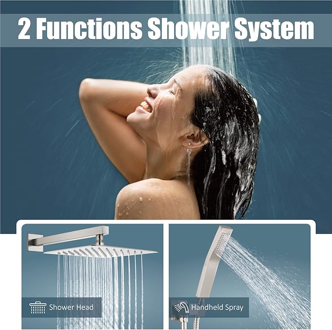 Aolemi Shower Faucet Set Rain Shower System with Handheld Spray Bathroom Shower Combo Rough-in Valve and Shower Trim Kit Included Brushed Nickel 10 Inch Wall Mount Shower Head