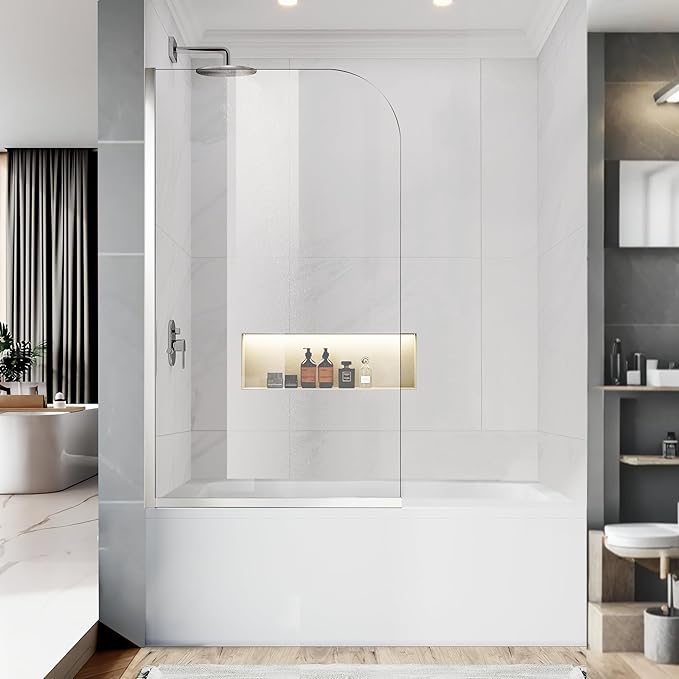 Bathtub Shower Glass Panel, 34" W X 58" H Tub Shower Door Fixed Glass Doors in Silver with 1/4"(6mm) Clear Tempered Door, Simple Shower Door Panel Easy to Install for Bathroom