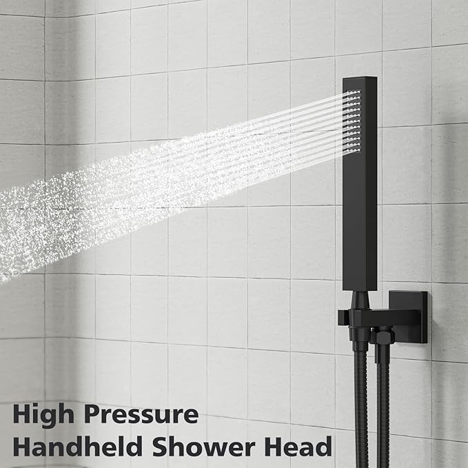 Gabrylly Shower System Black, Rainfall Shower Faucet Set Complete, 12" High-Pressure Stainless Steel Rain Showerhead with handheld Shower Spray Combo, 2 Way Valve Included, Matte Black
