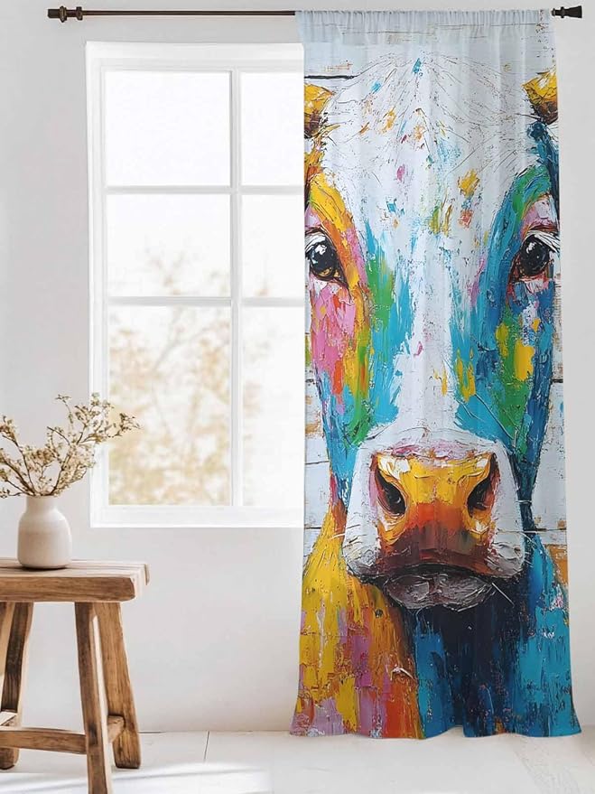 Sheer Curtains 108 Inches Long, Funny Colorful Cow Semi Sheer Curtains Light - Image 3