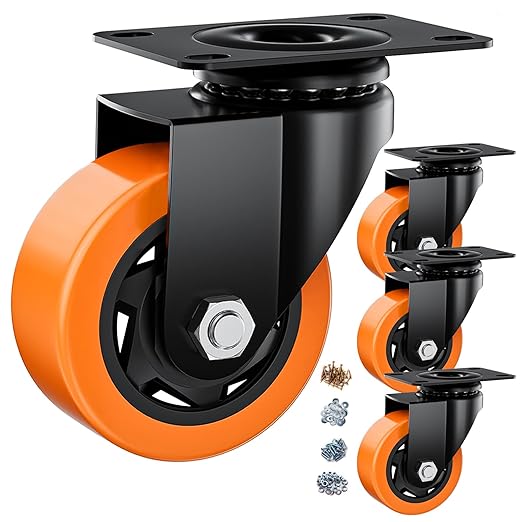 3" Swivel Plate Casters Set of 4 Heavy Duty 1000 lbs | Orange PU, Non-Marking by ASHGOOB