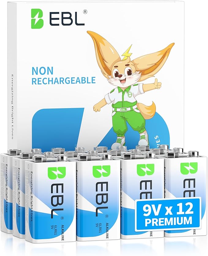 EBL 9 Volt Batteries 12 Pack, 7-Year Shelf Life, Long-Lasting Alkaline 9V by EBL