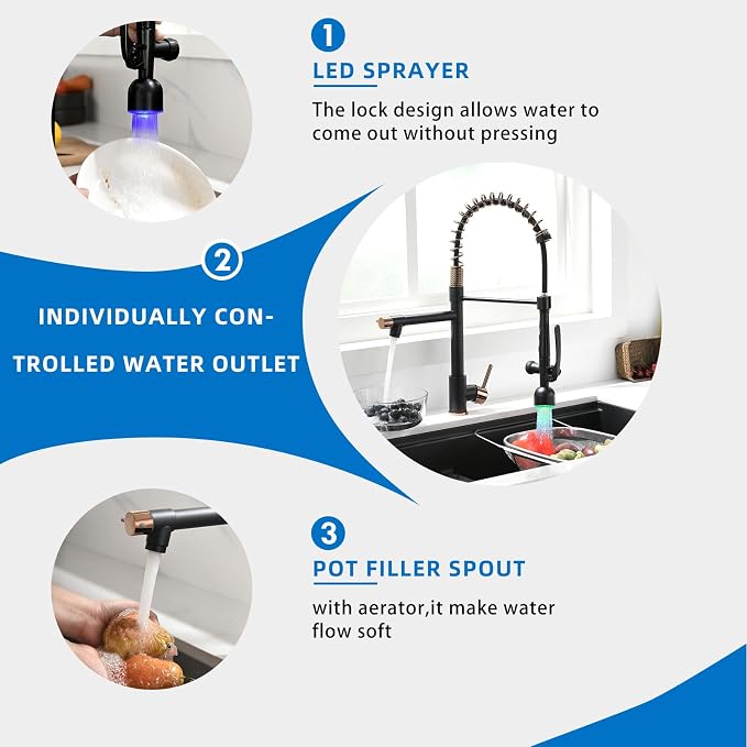 Fapully Commercial Single Handle Pull Down Sprayer Black&Rose Gold Kitchen - Image 4