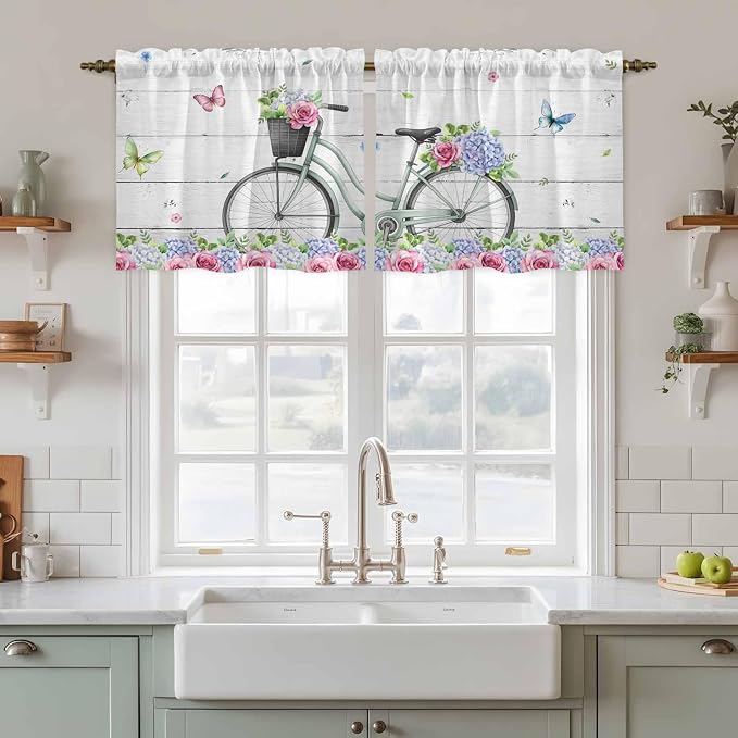 Spring Tier Curtains, Bicycles Botanical Rose Leaves Butterfly Wood Grain Light - Image 2