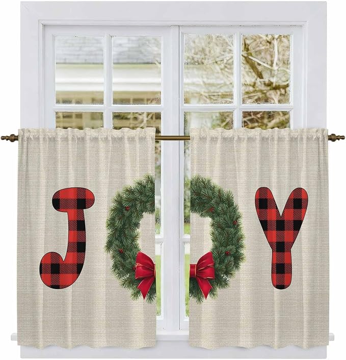 Red Green Christmas Kitchen Curtains 45 Inch Long 2 Panel Set, Rod Pocket - Image 2